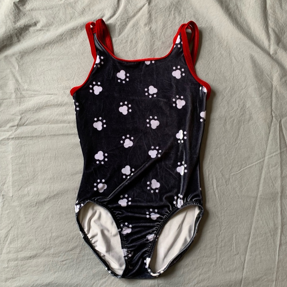 GK Black Super Soft Velvety Puppy Paw Print Gymnastics Leotard